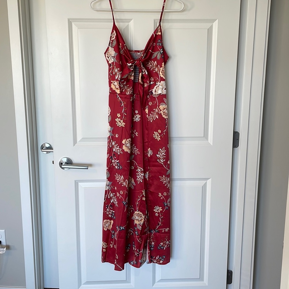 Red floral midi satin dress